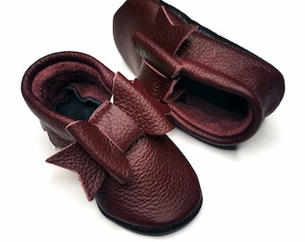 Maroon Baby Moccs, Girl Booties with Bow, Leather Baby Slippers, Suede Sole  Baby Shoes, Toddlers Moccasins, Burgundy Baby Shoes, Ebooba,