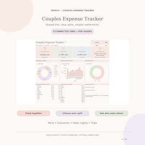 Puede incluir: Una hoja de cálculo digital de seguimiento de gastos para parejas con pestañas para facturas y liquidaciones. La interfaz muestra gastos totales, individuales, un gráfico circular, un gráfico de barras y un resumen de pagos con texto como Couples Expense Tracker, 5 Connected Tabs + PDF Guides y Rent, Groceries, Date nights, Trips.