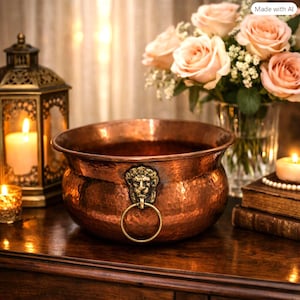 Jardinière cache-pot vintage en cuivre martelé, ornée de poignées en laiton en forme de tête de lion.
