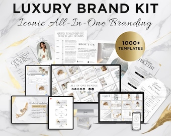 Könnte beinhalten: Ein Luxus-Marken-Kit mit über 1000 Vorlagen für Branding, einschließlich digitaler Dokumente, Social-Media-Layouts und Visitenkarten. Das Design verwendet einen weißen Marmorhintergrund mit goldenen Akzenten und schwarzem Text.