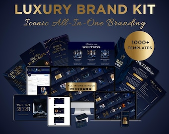 Könnte beinhalten: Ein Luxus-Marken-Kit mit über 1000 Vorlagen für 2025, dargestellt auf einem Computermonitor, Tablet und Smartphone. Das dunkelblaue und goldene Design umfasst Marketingmaterialien, Preislisten und Grafiken für soziale Medien mit fetter Schrift.