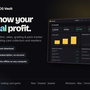 Op de afbeelding: Een digitaal dashboard-interface voor TCG Vault, met de tekst 'Know your real profit.' en 'Collection, sales, grading & pack tracker for trading card collectors and resellers.' Het donkergekleurde scherm toont portfoliogegevens, staafdiagrammen en lijsten.