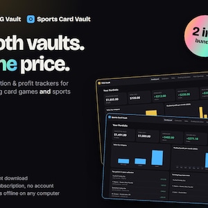 Könnte beinhalten: Ein digitales Paket mit TCG Vault und Sports Card Vault Sammlungs- und Gewinn-Trackern. Die dunkle Benutzeroberfläche zeigt Portfolio-Dashboards mit Diagrammen, Finanzdaten und dem Text Both vaults. One price. 2 in 1 bundle.
