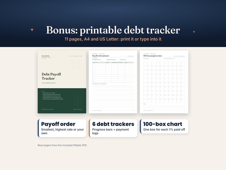 May include: A printable debt tracker set featuring 11 pages in A4 and US Letter sizes. The document includes a Debt Payoff Tracker cover, a Payoff order planner, and a 100-box progress chart. The design uses a cream and dark green colour scheme.