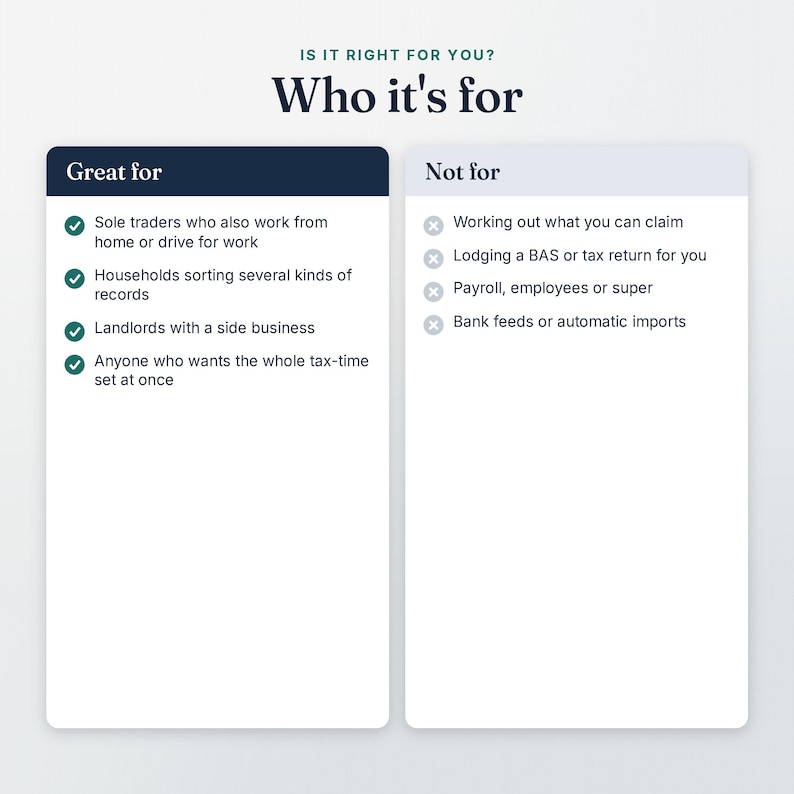 Who the tax time bundle is for and not for, as two checklists