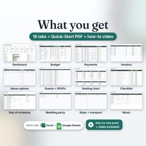 What you get: 18 spreadsheet tabs plus a Quick-Start PDF and how-to video