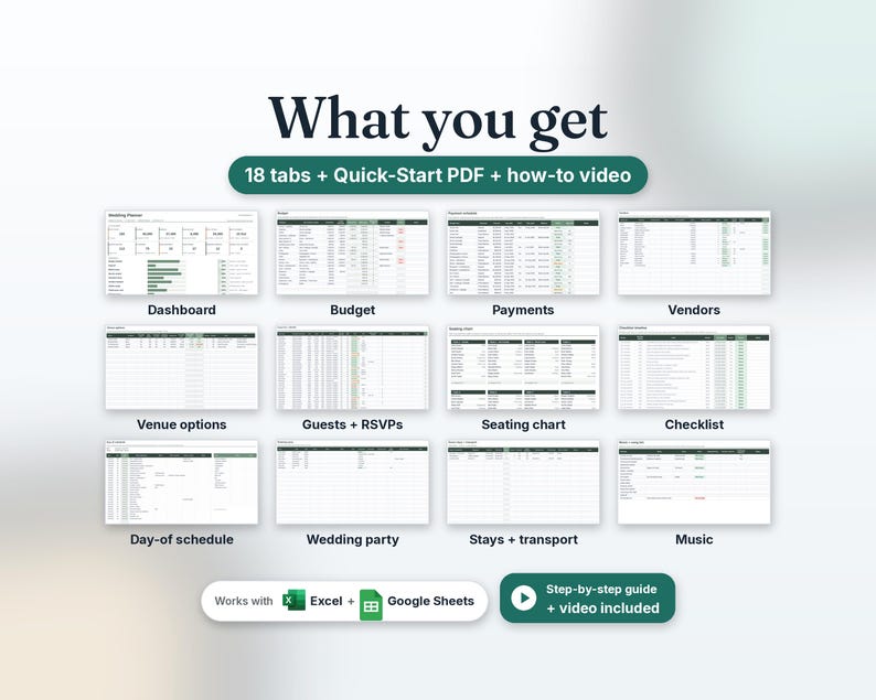 What you get: 18 spreadsheet tabs plus a Quick-Start PDF and how-to video