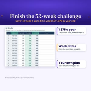 May include: A digital 52-week savings challenge tracker with a purple background. The interface displays a table with columns for week, date, planned amount, saved amount, and running total, alongside text boxes for plan options and instructions.