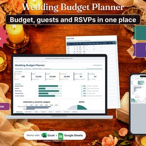 May include: A digital wedding budget planner displayed on a laptop and smartphone screen, featuring auto charts, 8 tabs, and space for 500 guests. The interface includes progress bars, estimated versus actual spending by category, and RSVP tracking.