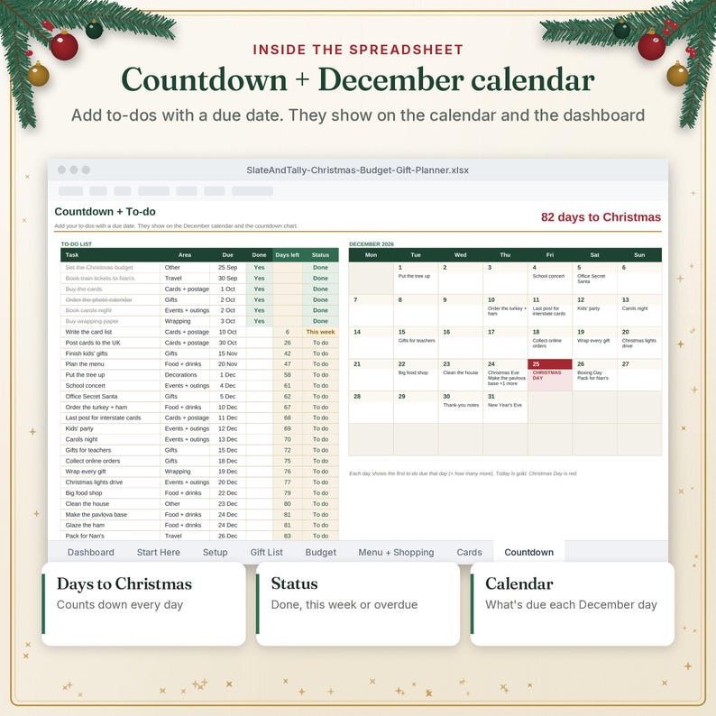 Christmas countdown to do list and December calendar tab