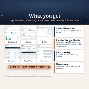 May include: A digital debt payoff spreadsheet tracker featuring six distinct sections labelled Dashboard, Setup, Debts, Payments, Payoff Plan, and Start Here. The layout includes text boxes detailing file compatibility, currency options, and usage instructions.