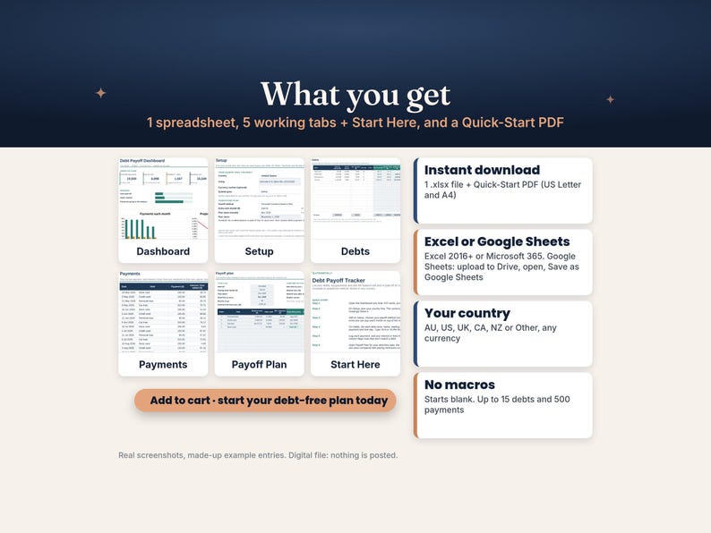 May include: A digital debt payoff spreadsheet tracker featuring six distinct sections labelled Dashboard, Setup, Debts, Payments, Payoff Plan, and Start Here. The layout includes text boxes detailing file compatibility, currency options, and usage instructions.