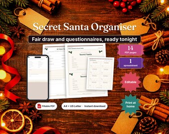 May include: A Secret Santa Organiser digital kit featuring fillable PDF pages and a spreadsheet. The set includes questionnaires and draw forms, with text reading Secret Santa Organiser, Fair draw and questionnaires, ready tonight, 14 PDF pages, 1 spreadsheet, Editable, and Print at home.