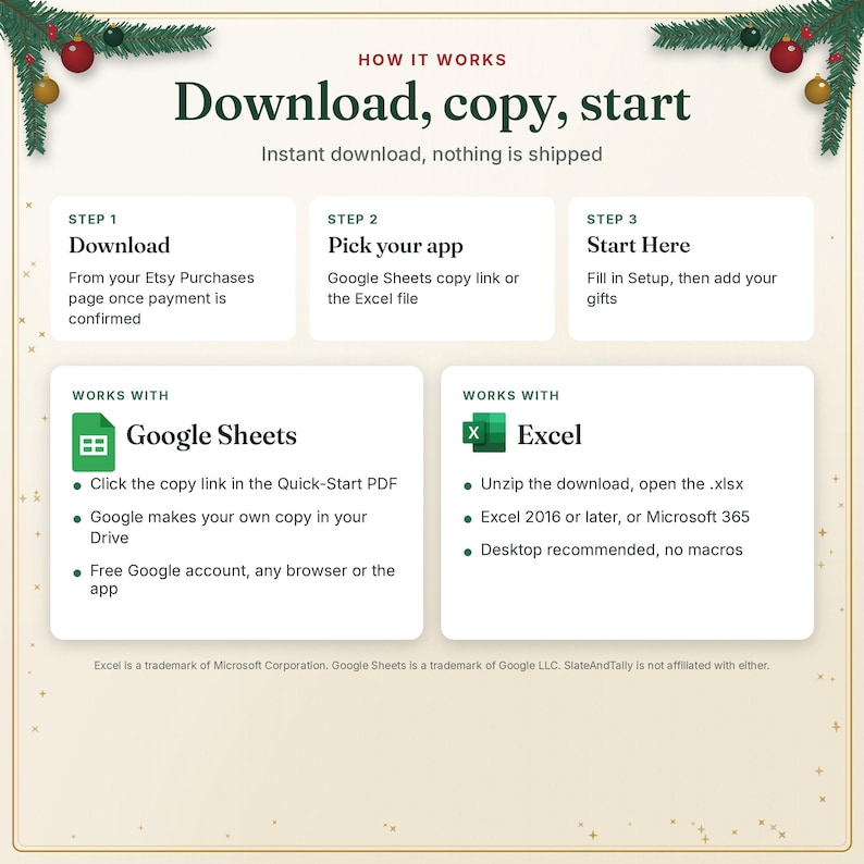 How to download the Christmas planner: copy the Google Sheets version or open the file in Excel