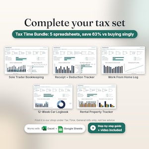 Complete your tax set: the Tax Time Bundle has 5 spreadsheets, save 63% vs buying singly: Sole Trader Bookkeeping, Receipt and Deduction Tracker, Work From Home Log, 12-Week Car Logbook and Rental Property Tracker