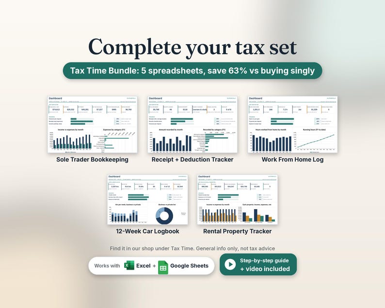 Complete your tax set: the Tax Time Bundle has 5 spreadsheets, save 63% vs buying singly: Sole Trader Bookkeeping, Receipt and Deduction Tracker, Work From Home Log, 12-Week Car Logbook and Rental Property Tracker