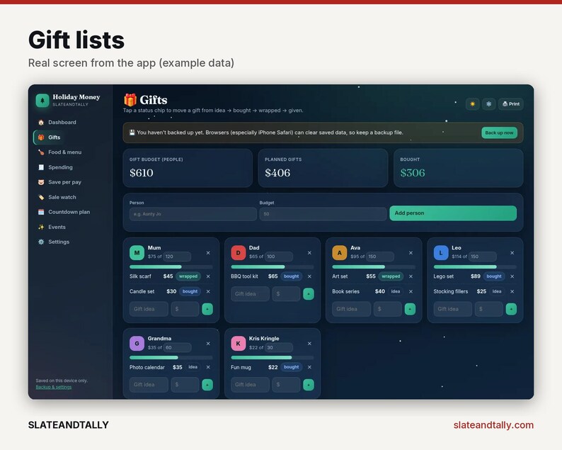May include: A digital interface for a gift tracking application titled Holiday Money. The dark-themed dashboard displays gift budgets, planned spending, and individual lists for people like Mum, Dad, Ava, Leo, Grandma, and Kris Kringle.