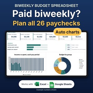 May include: A digital biweekly budget spreadsheet template featuring the text "BIWEEKLY BUDGET SPREADSHEET", "Paid biweekly? Plan all 26 paychecks", and "Auto charts". The interface displays financial data, bar graphs, and a pie chart.