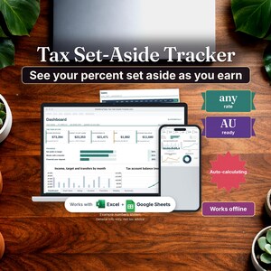 Tax Savings Tracker, Sole Trader Tax, BAS Savings, Income Tracker, Google Sheets and Excel