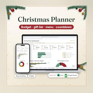 May include: A digital Christmas Planner dashboard displayed on a laptop and smartphone screen. The interface includes sections for budget, gift list, menu, and countdown, featuring charts, graphs, and data tables. It is compatible with Excel and Google Sheets.