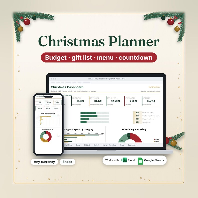May include: A digital Christmas Planner dashboard displayed on a laptop and smartphone screen. The interface includes sections for budget, gift list, menu, and countdown, featuring charts, graphs, and data tables. It is compatible with Excel and Google Sheets.