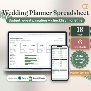 Wedding planner spreadsheet on a laptop and phone: 18 tabs, 6 live charts, auto seating chart, works with Excel and Google Sheets