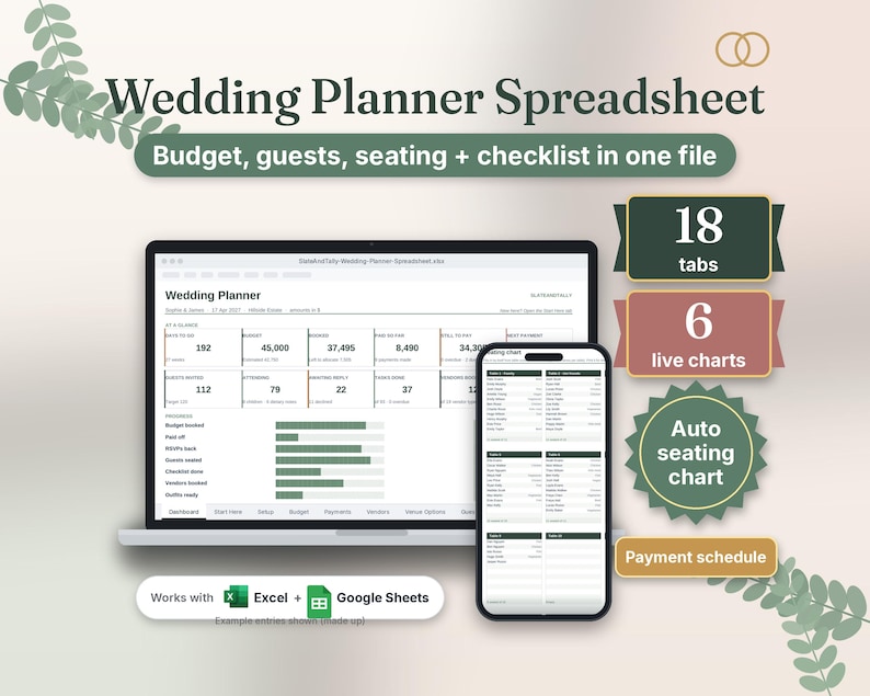Wedding planner spreadsheet on a laptop and phone: 18 tabs, 6 live charts, auto seating chart, works with Excel and Google Sheets