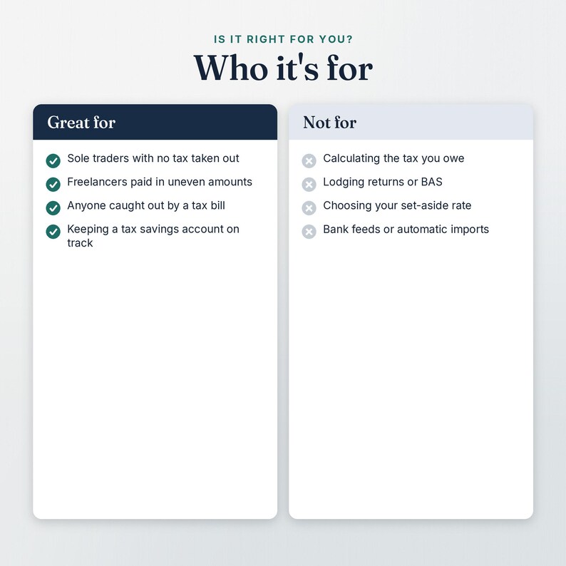 Who the Tax Set-Aside Tracker is for and not for, shown as two short checklists