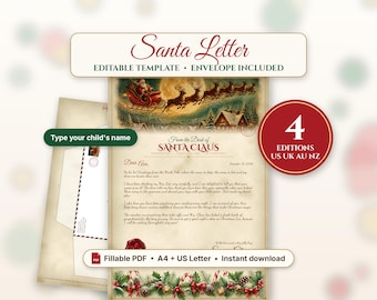 May include: An editable Santa Letter template featuring a vintage illustration of Santa in a sleigh with reindeer, a red wax seal, and festive greenery. Includes an envelope template, text reading 'From the Desk of Santa Claus', and '4 Editions US UK AU NZ'.