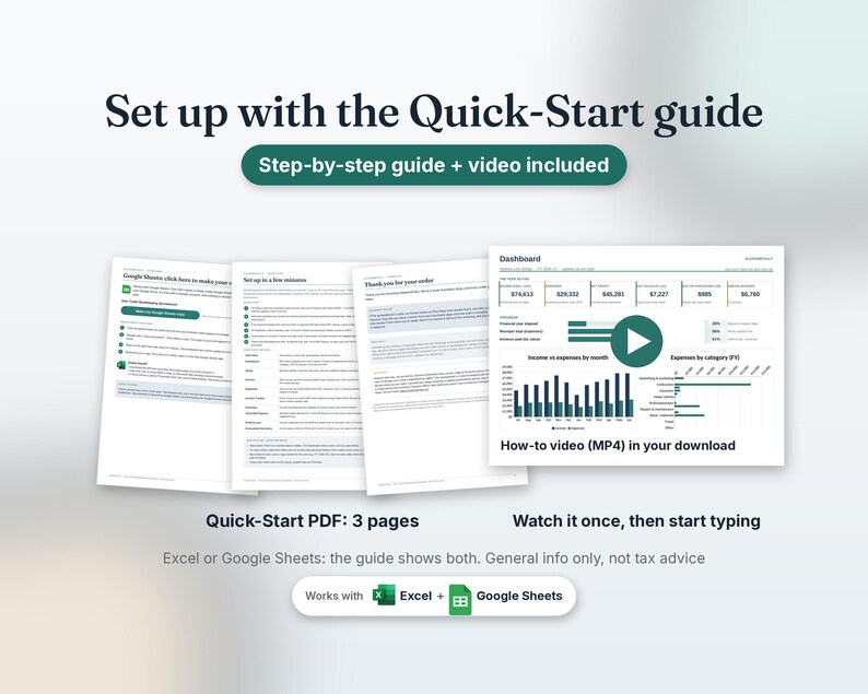 Set up with the Quick-Start guide: a 3-page PDF and an MP4 how-to video in your download, for Excel or Google Sheets