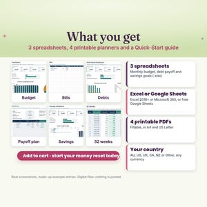 What you get: 3 budget spreadsheets for Excel or Google Sheets, 4 printable PDF planners in A4 and US Letter and a Quick-Start guide, for any country and currency