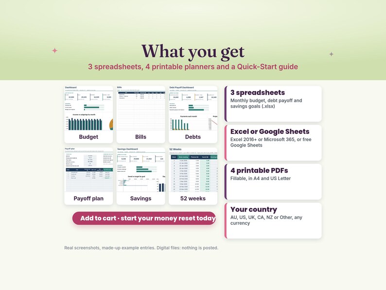What you get: 3 budget spreadsheets for Excel or Google Sheets, 4 printable PDF planners in A4 and US Letter and a Quick-Start guide, for any country and currency