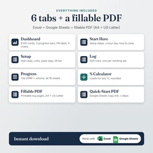 What's included in the Powerlifting Log: 6 tabs and a fillable PDF