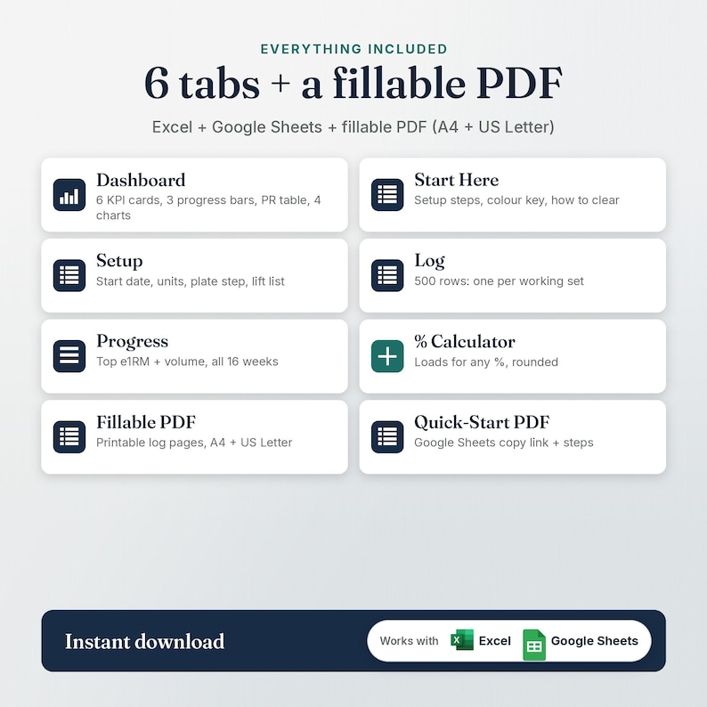 What's included in the Powerlifting Log: 6 tabs and a fillable PDF