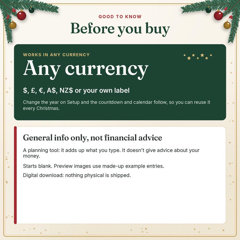 Good to know: the Christmas planner works in any currency and is general information only