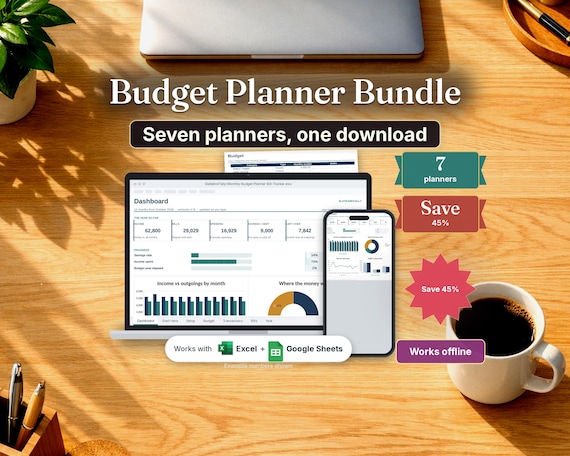 Budget Planner Bundle, Budget Spreadsheet, Debt Payoff, Savings and Expense Tracker, Google Sheets + PDF