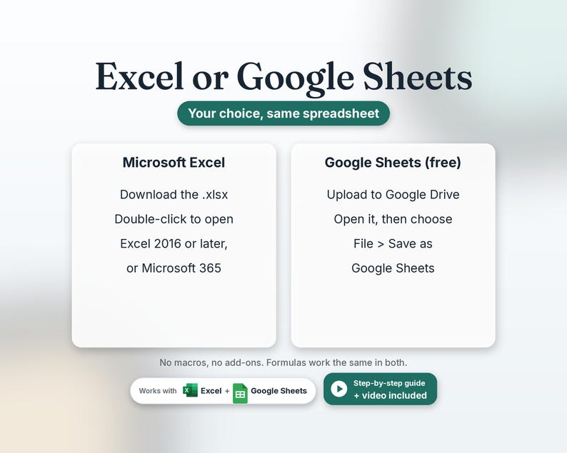Works in Microsoft Excel and Google Sheets