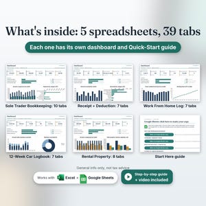 What's inside: 5 spreadsheets with 39 tabs, Sole Trader Bookkeeping 10, Receipt and Deduction 7, Work From Home Log 7, 12-Week Car Logbook 7, Rental Property 8, plus a Start Here guide