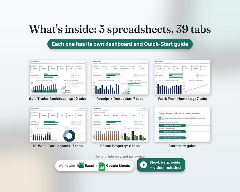 What's inside: 5 spreadsheets with 39 tabs, Sole Trader Bookkeeping 10, Receipt and Deduction 7, Work From Home Log 7, 12-Week Car Logbook 7, Rental Property 8, plus a Start Here guide