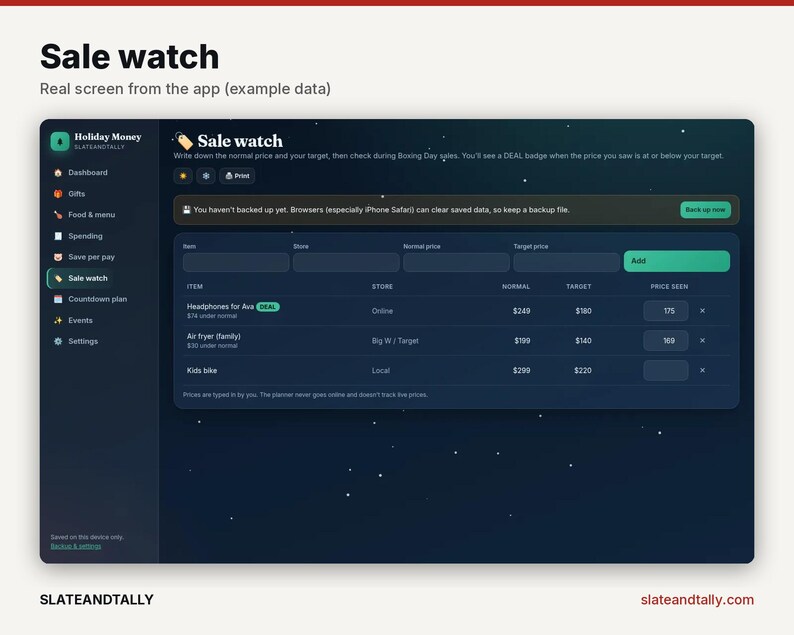 May include: A digital interface titled Sale watch from the Holiday Money app. The dark-themed dashboard displays a table for tracking item prices, stores, normal costs, and target prices, with entries for headphones, an air fryer, and a bike.