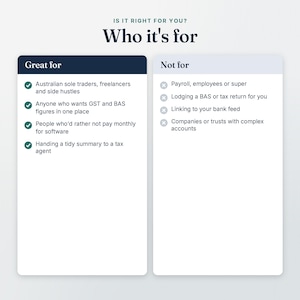 Who the Sole Trader Bookkeeping is for and not for, shown as two short checklists