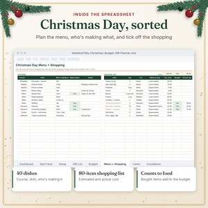 Christmas Day menu and shopping list tab for up to 40 dishes