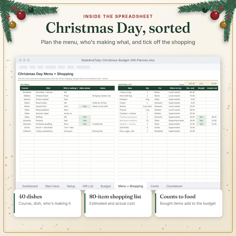 Christmas Day menu and shopping list tab for up to 40 dishes