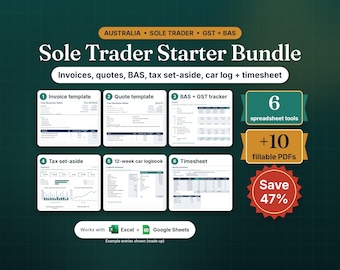 Australian Sole Trader Starter Bundle, Invoice + Quote Templates, BAS GST Tracker, Car Logbook + Timesheet