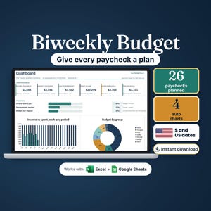 Biweekly paycheck budget spreadsheet on a laptop with a dashboard of cards and charts; 26 paychecks planned, 4 auto charts, dollars and US dates, instant download, works with Excel and Google Sheets