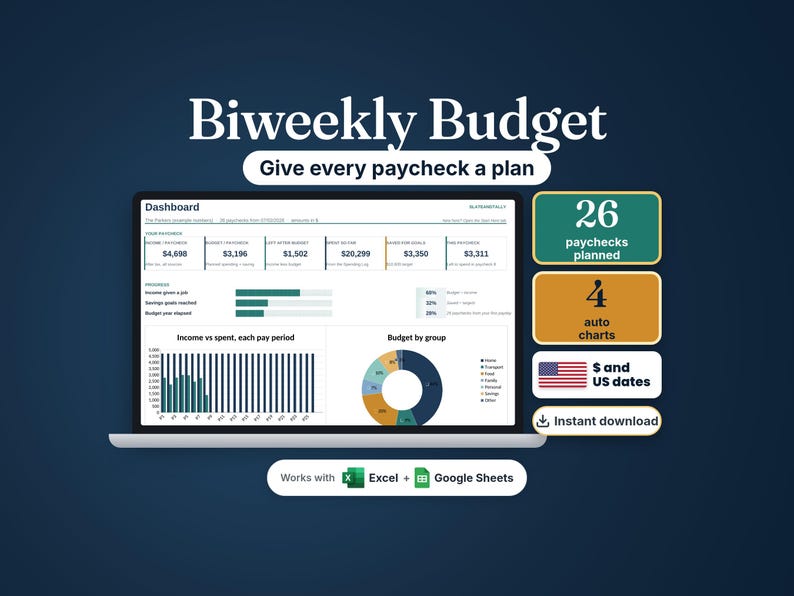 Biweekly paycheck budget spreadsheet on a laptop with a dashboard of cards and charts; 26 paychecks planned, 4 auto charts, dollars and US dates, instant download, works with Excel and Google Sheets