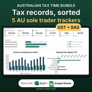 May include: A digital dashboard titled Australian Tax Time Bundle featuring tax records for 5 AU sole trader trackers. It includes GST + BAS labels, financial data tables, progress bars, and bar charts for income versus expenses and category spending.