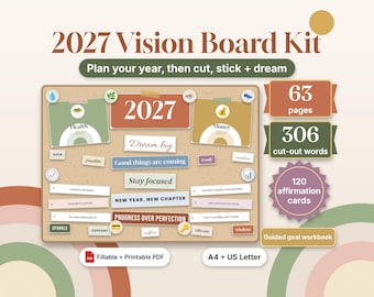 May include: A 2027 vision board kit featuring a cork board display with cut-out words, affirmation cards, and goal-setting prompts. Includes 63 pages, 306 cut-out words, and 120 affirmation cards in a fillable and printable PDF format for A4 and US Letter sizes.