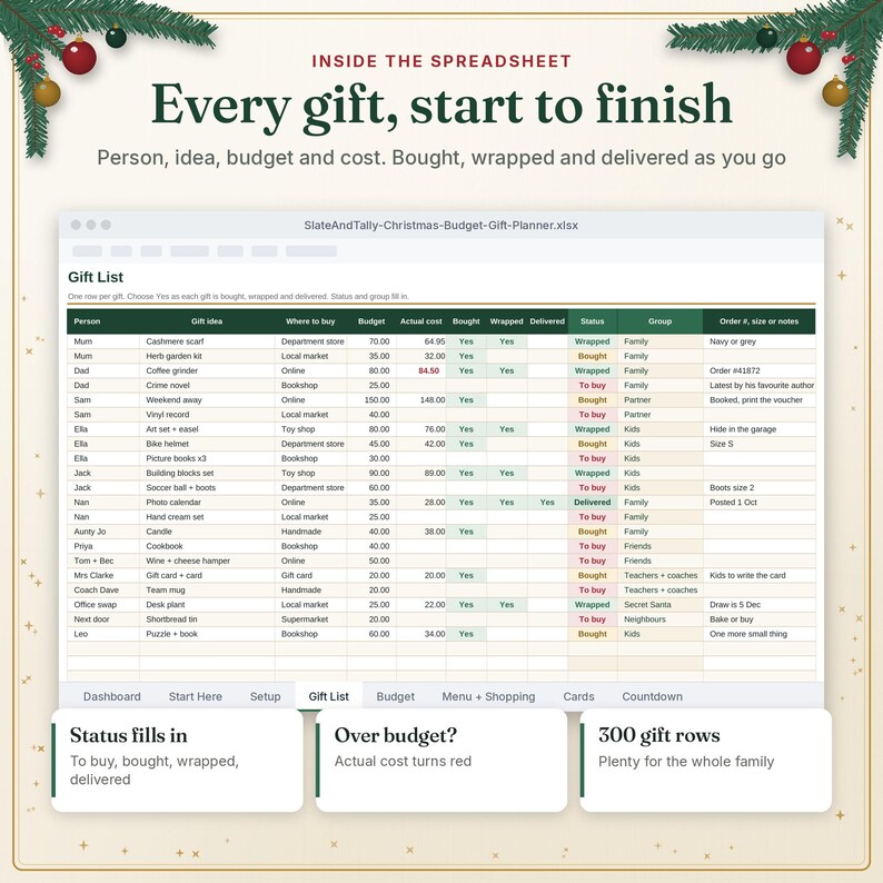 Christmas gift list tab with person, idea, budget and status for up to 300 gifts