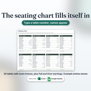 Printable seating chart that fills in from the guest list, up to 30 tables